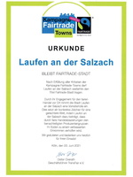 Urkunde vom 23.06.2021 - Laufen weiterhin Fairtrade Stadt