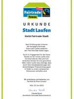 Urkunde vom 23.06.2023 - Laufen weiterhin Fairtrade Stadt
